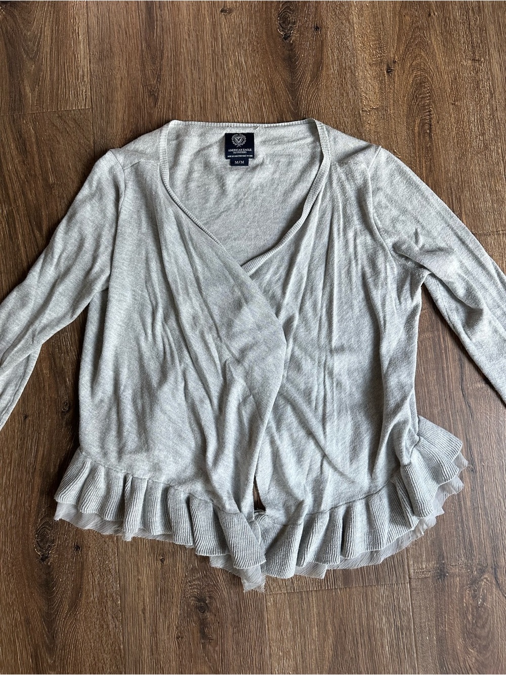 American Eagle Outfitters Light Gray Ruffle-Hem Wrap Cardigan